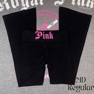 VS PINK Black Cotton Foldover Flare Leggings Pure Black Halloween Size Medium